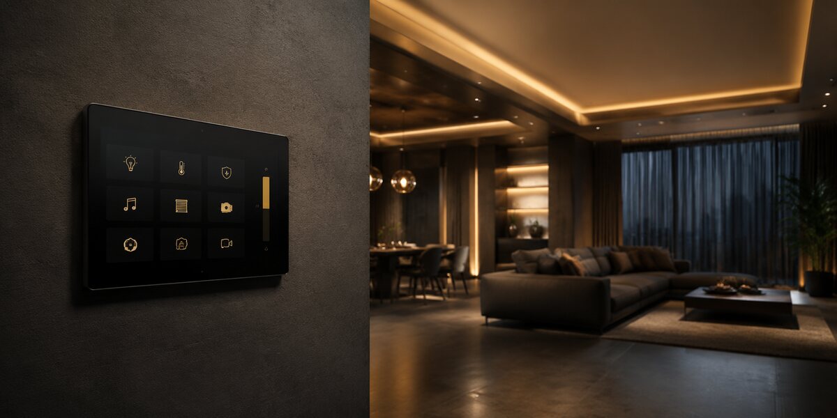 Smart home control panel in a modern living space